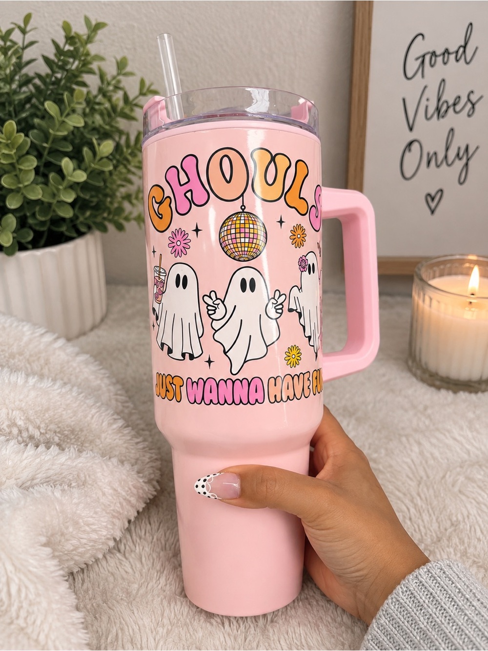 Pink 'Ghouls Just Wanna Have Fun' Insulated Travel Mug with Handle